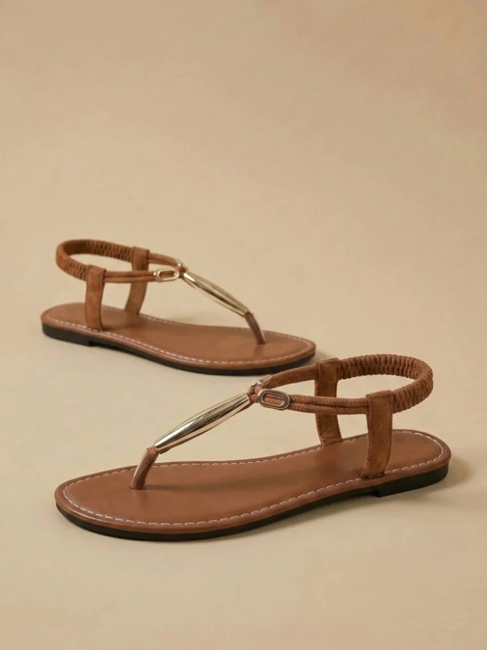Cognac Brown T-Strap Flat Sandals with Gold Toe Bar